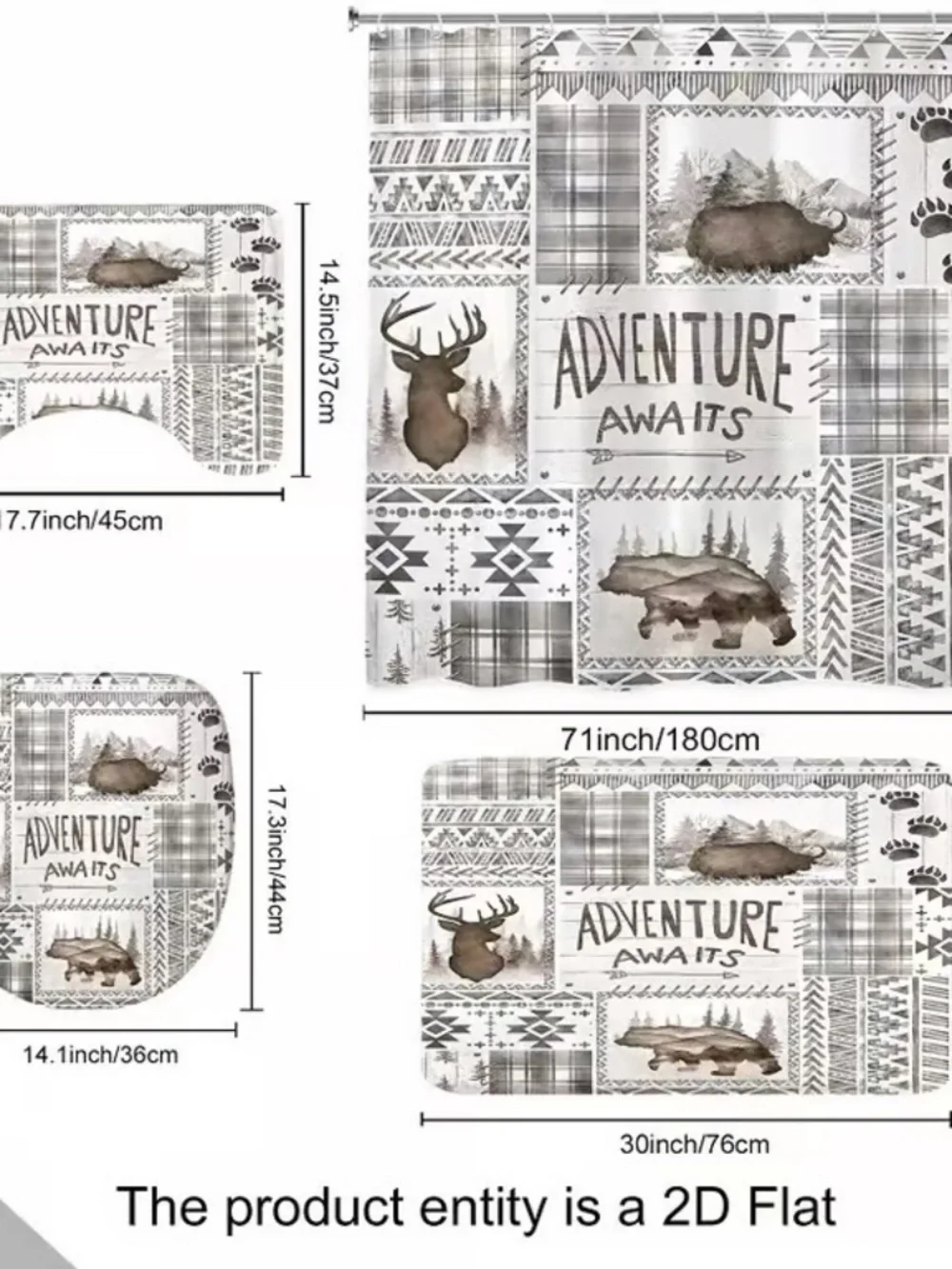 4-Piece Rustic Woodland Cabin Bathroom Set (Shower Curtain, Bath Mat, U-Rug, Toi
